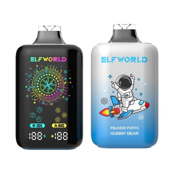 ELFWORLD PB45000 disposable vape with 45,000 puffs capacity, featuring a high-performance mesh coil and smart power display