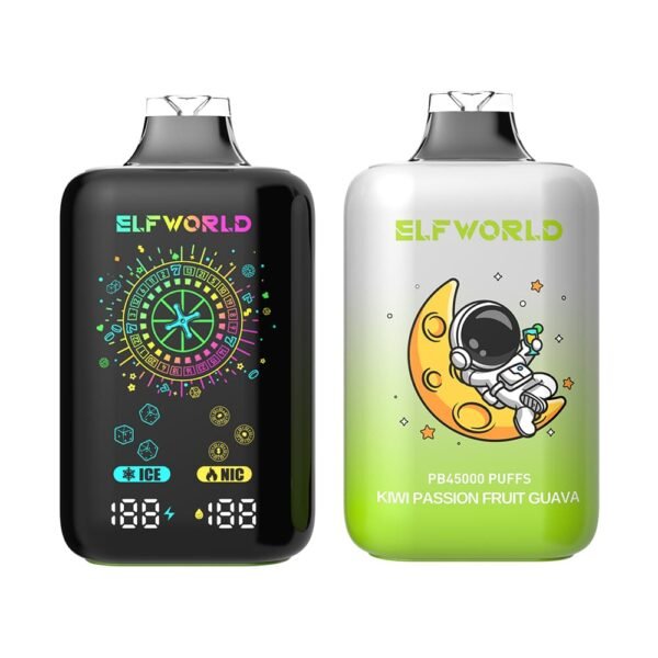 ELFWORLD PB45000 disposable vape with 45,000 puffs capacity, featuring a high-performance mesh coil and smart power display