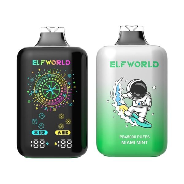 ELFWORLD PB45000 disposable vape with 45,000 puffs capacity, featuring a high-performance mesh coil and smart power display