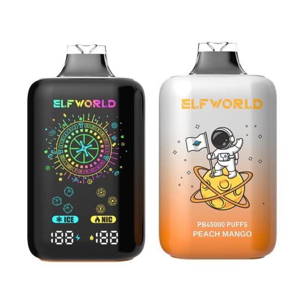 ELFWORLD PB45000 disposable vape with 45,000 puffs capacity, featuring a high-performance mesh coil and smart power display