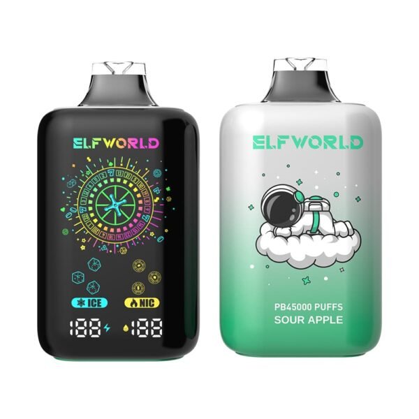 ELFWORLD PB45000 disposable vape with 45,000 puffs capacity, featuring a high-performance mesh coil and smart power display