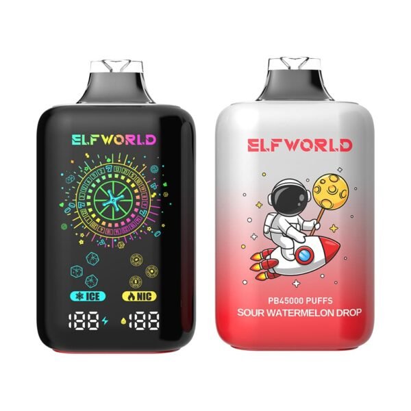 ELFWORLD PB45000 disposable vape with 45,000 puffs capacity, featuring a high-performance mesh coil and smart power display