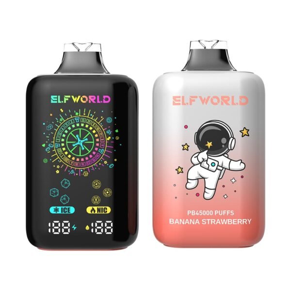 ELFWORLD PB45000 disposable vape with 45,000 puffs capacity, featuring a high-performance mesh coil and smart power display