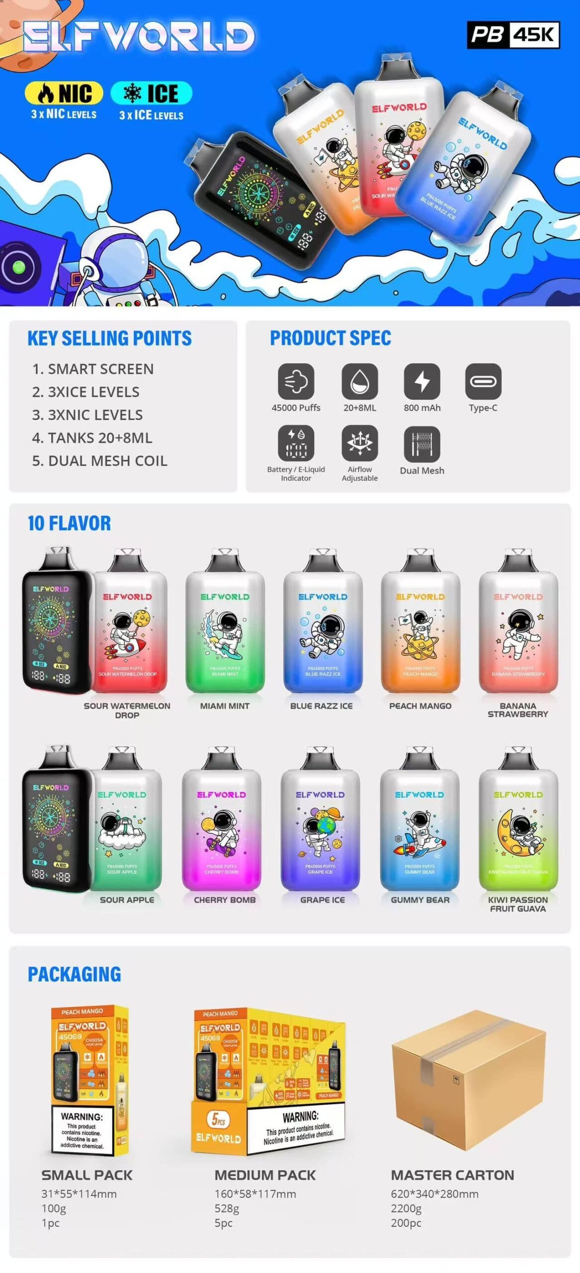 ELFWORLD PB45000 Puffs disposable vape with full smart digital screen display