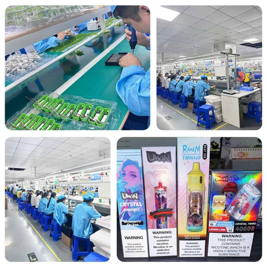 Glimvape integrated production lines and shipping warehouse showing large-scale manufacturing capacity