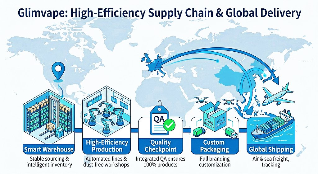 Glimvape efficient supply chain and global logistics map featuring smart warehouse, automated production, QA checkpoint, and custom packaging.