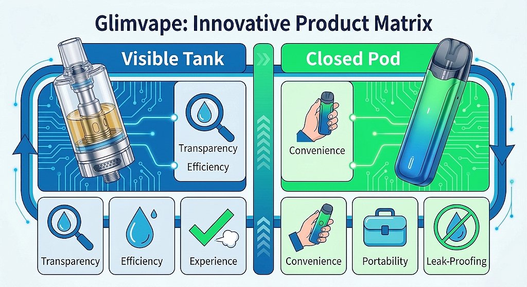 Glimvape innovative product matrix comparing Visible Tank (Transparency & Efficiency) and Closed Pod (Convenience & Leak-proofing).