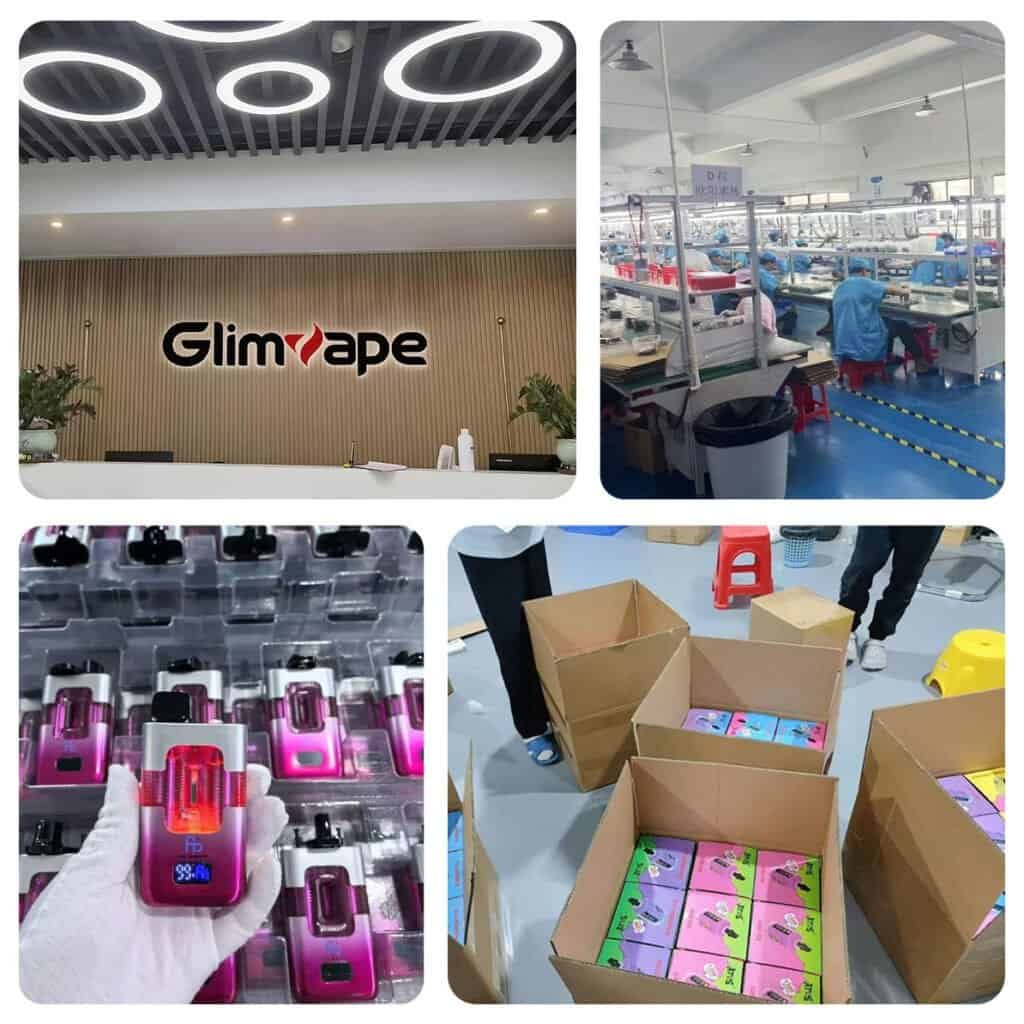 Glimvape integrated production lines and shipping warehouse showing large-scale manufacturing capacity.