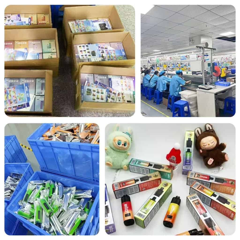 Glimvape integrated production lines and shipping warehouse showing large-scale manufacturing capacity.