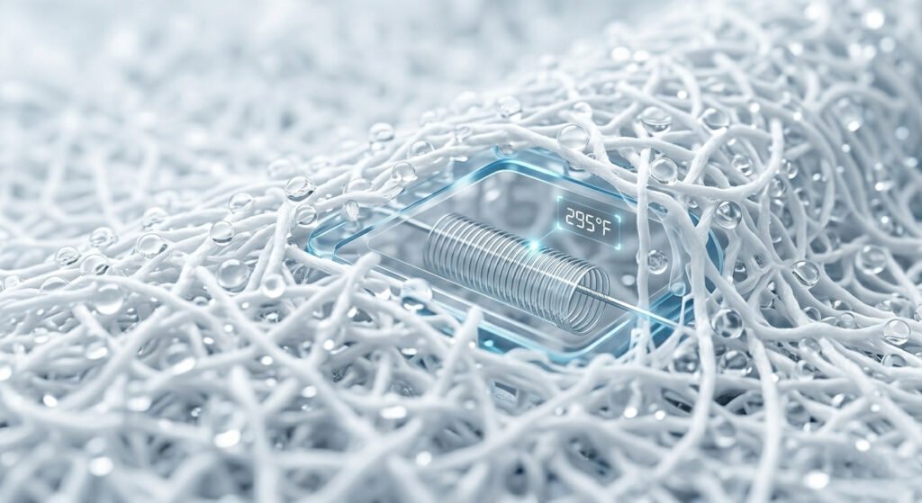 A macro laboratory-style photograph of high-density cotton fibers absorbing e-liquid, featuring a digital temperature overlay of 295°F to show precise heat control and burnt-taste prevention.