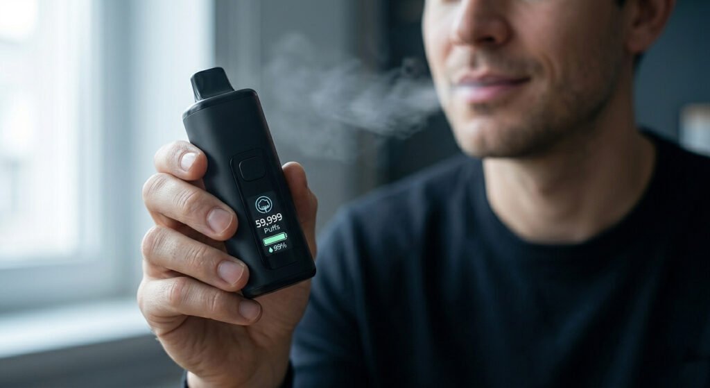 A cinematic close-up of a person holding a sleek, matte black vape device showing "59,999 Puffs" on the screen, emphasizing ergonomic comfort and consistent flavor until the very last drop.