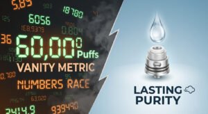 A conceptual split-screen image showing dissolving "60,000 Puffs" digital numbers on the left and a crystal-clear vape atomization core with a pure liquid drop on the right, representing quality over quantity