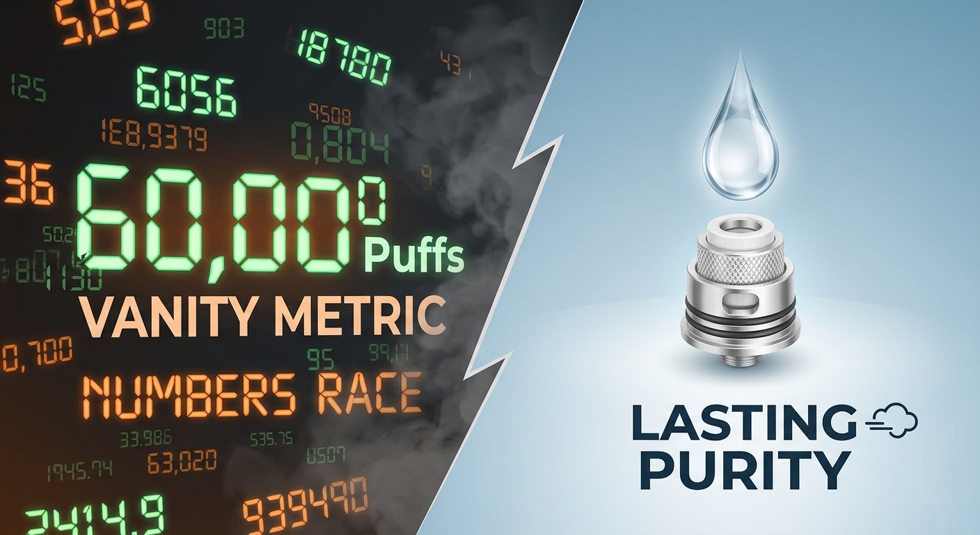 A conceptual split-screen image showing dissolving "60,000 Puffs" digital numbers on the left and a crystal-clear vape atomization core with a pure liquid drop on the right, representing quality over quantity