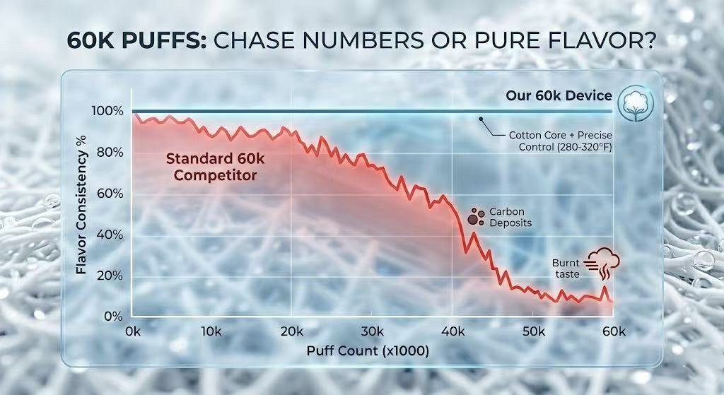 A technical infographic comparing flavor consistency: a steady blue line for the 60k puff cotton coil device versus a declining red line for standard competitors after 40,000 puffs due to carbon deposits.