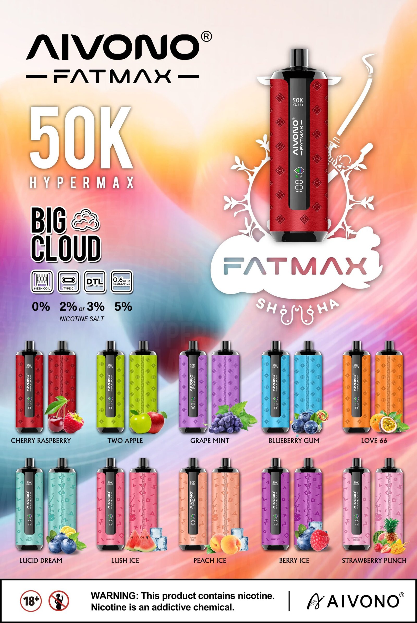 AIVONO FATMAX 50000 Puffs disposable vape flavors collection: Cherry Raspberry, Two Apple, Grape Mint, Blueberry Gum, Love 66, Lucid Dream, Lush Ice, Peach Ice, Berry Ice, Strawberry Punch.