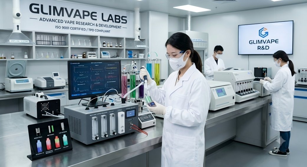 Glimvape ISO 9001 certified and TPD compliant R&D lab in Shenzhen showcasing advanced disposable vape testing and mesh coil flavor development for wholesale.