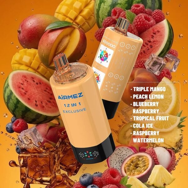 AIRMEZ Exclusive 300K Puffs 12-In-1 Triple Mango Peach Ice Strawberry