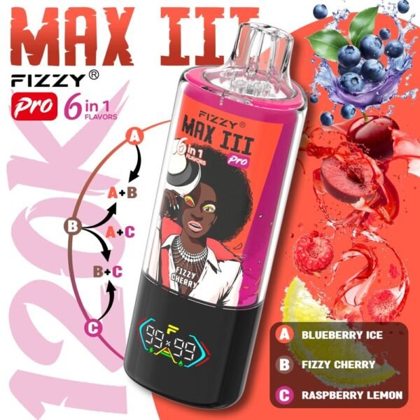 Fizzy Max III Pro 6-in-1 120k Puffs Disposable Vape - Blueberry Ice, Fizzy Cherry, Raspberry Lemon