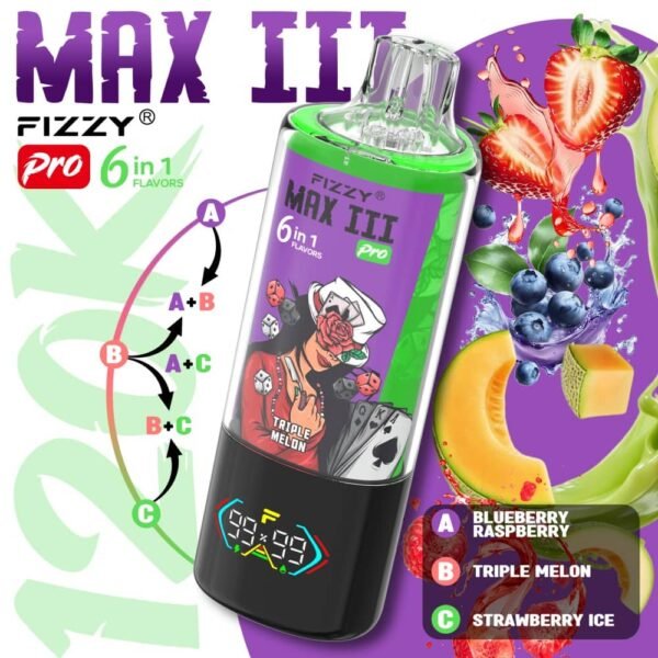 Fizzy Max III Pro 6-in-1 120k Puffs Disposable Vape - Blueberry Raspberry, Triple Melon, Strawberry Ice