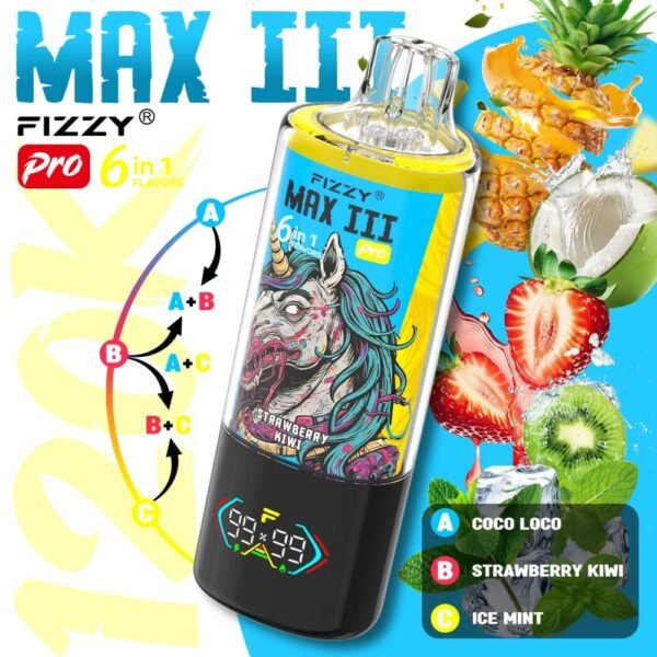 Fizzy Max III Pro 6-in-1 120k Puffs Disposable Vape - Coco Loco, Strawberry Kiwi Ice, Mint