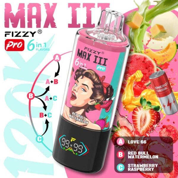 Fizzy Max III Pro 6-in-1 120k Puffs Disposable Vape - Love 66, Red Bull, Watermelon Strawberry Raspberry