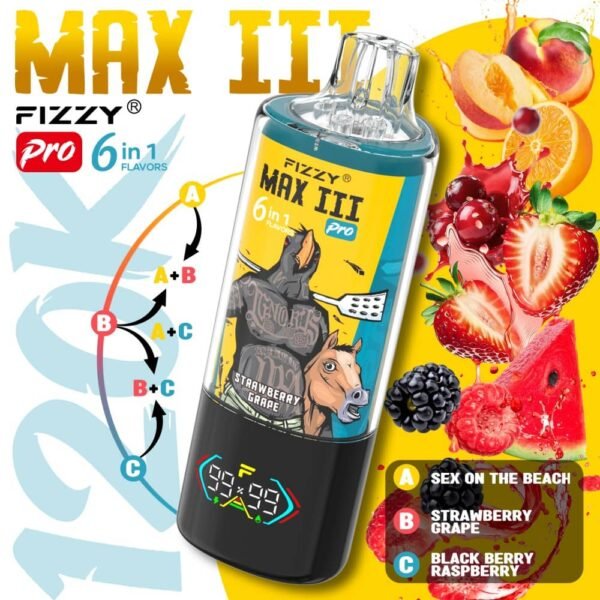 Fizzy Max III Pro 6-in-1 120k Puffs Disposable Vape - Sex on the Beach, Strawberry Grape, Blackberry Raspberry
