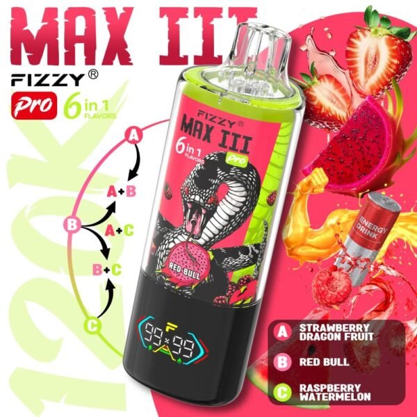 Fizzy Max III Pro 6-in-1 120k Puffs - Strawberry Dragon Fruit, Red Bull, Raspberry Watermelon