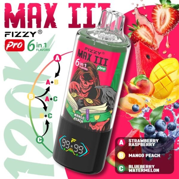 Fizzy Max III Pro 6-in-1 120k Puffs Vape - Strawberry Raspberry, Mango Peach, Blueberry Watermelon