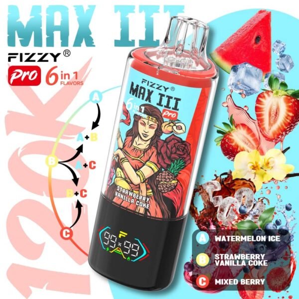 Fizzy Max III Pro 6-in-1 120k Puffs Disposable Vape - Watermelon Ice, Strawberry Vanilla Coke, Mixed Berry