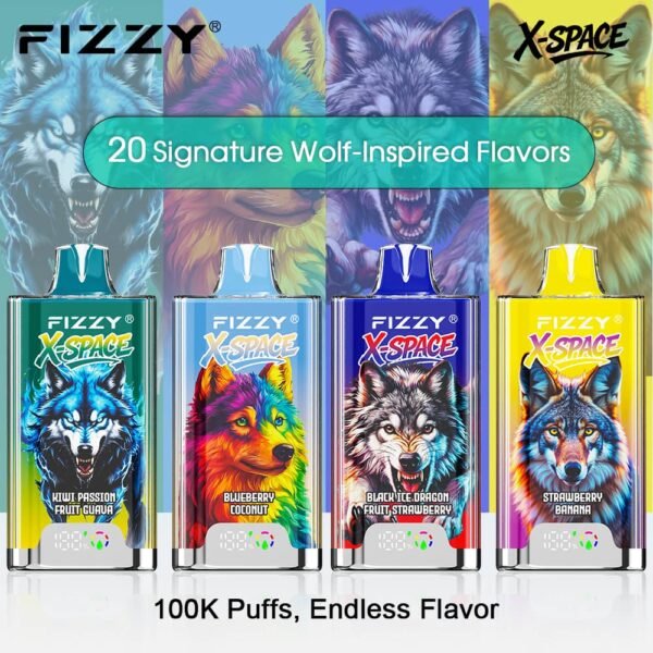Collection of 20 signature Wolf flavors for the Fizzy X Space 100k puffs disposable vape.