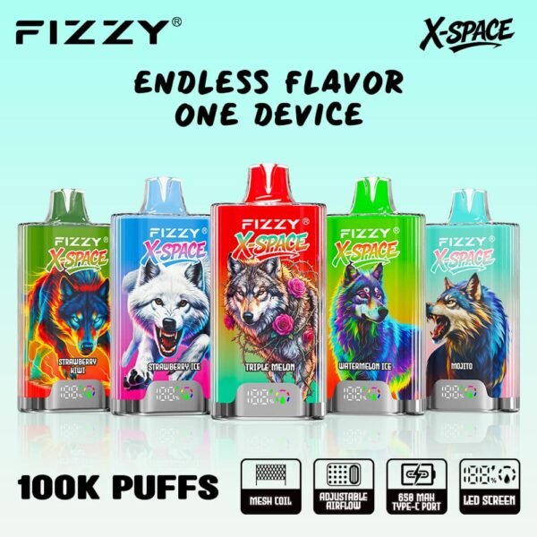 Infographic highlighting the endless flavor features of the Fizzy X Space 100k puffs vape.