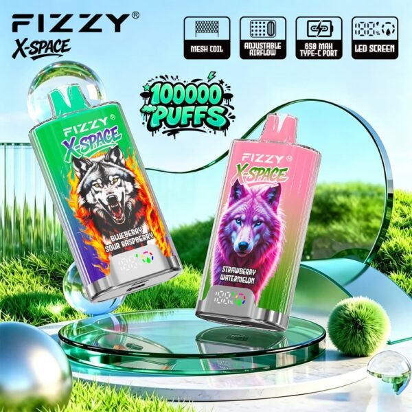 Close-up diagram illustrating the advanced mesh coil technology inside the Fizzy X Space 100k puffs vape.