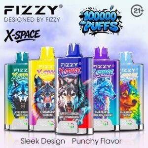 Fizzy X Space 100k puffs disposable vape with a sleek modern design showcasing various flavor options.