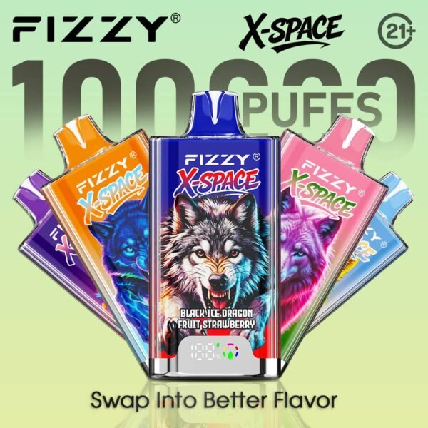 Promotional banner for Fizzy X Space 100k puffs disposable vape with the slogan swap into better flavor.
