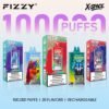 Fizzy X Space 100k puffs disposable vape device displayed next to its official retail packaging box.