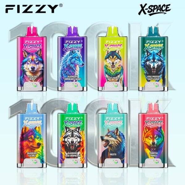 Fizzy X Space 100k puffs disposable vape Wolf Edition showcasing its unique flavor lineup.