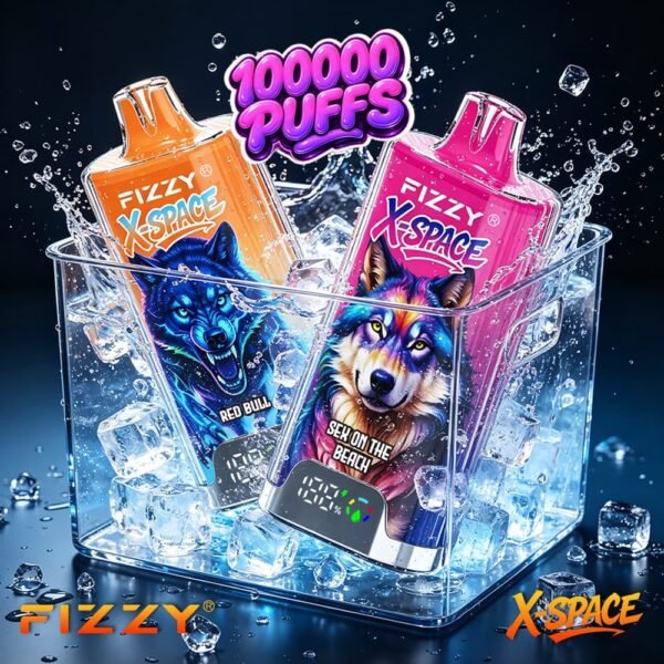 Fizzy X Space 100k puffs vape in Red Bull and Sex on the Beach flavors displayed inside a refreshing ice bucket.