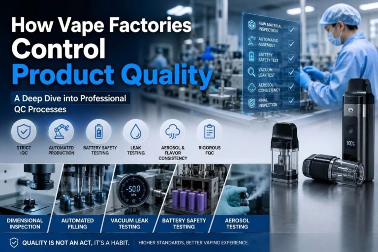 Automated assembly line performing vape factory quality control testing inside a cleanroom workshop