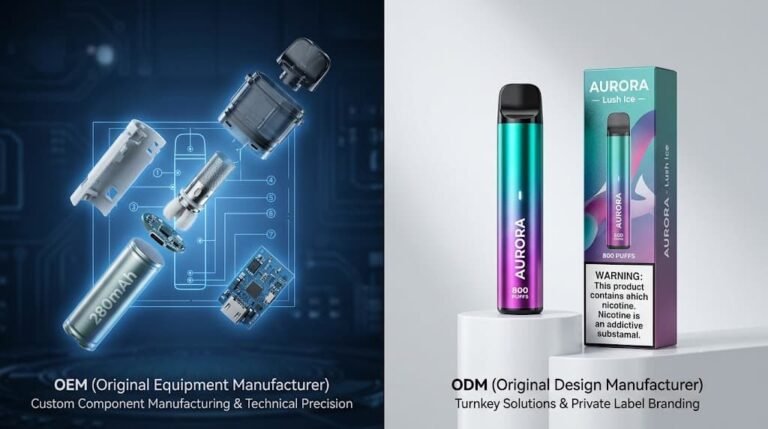 Comparison of OEM private mold components and ODM white label disposable vape with premium packaging.