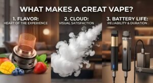 Infographic style banner showing what makes a great vape with flavor, cloud production, and battery life elements
