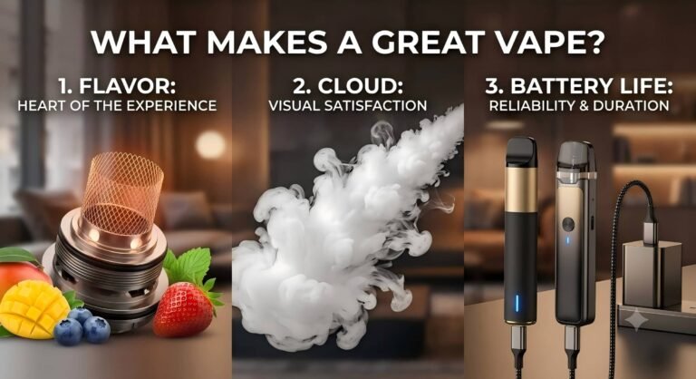 Infographic style banner showing what makes a great vape with flavor, cloud production, and battery life elements