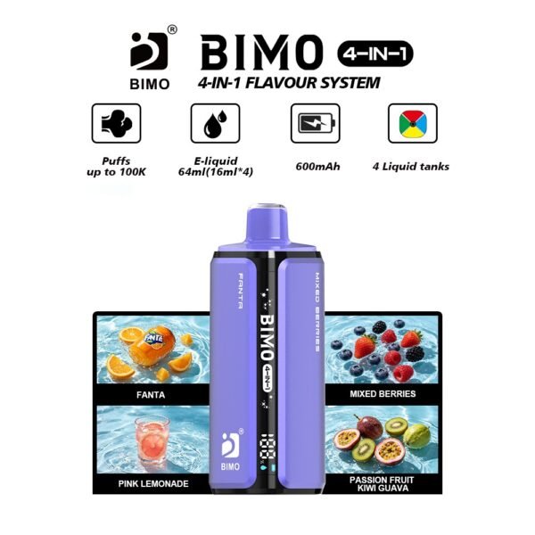 BIMO 4-IN-1 Flavour System 100k Puffs Disposable Vape - Fanta, Mixed Berries, Pink Lemonade, Passion Fruit Kiwi Guava