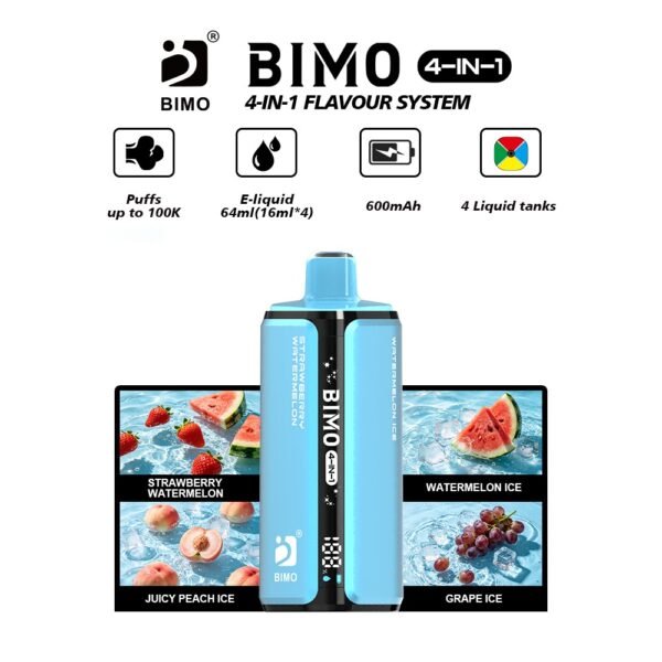 BIMO 4-IN-1 Flavour System 100k Puffs Disposable Vape - Strawberry Watermelon, Watermelon Ice, Juicy Peach Ice, Grape Ice