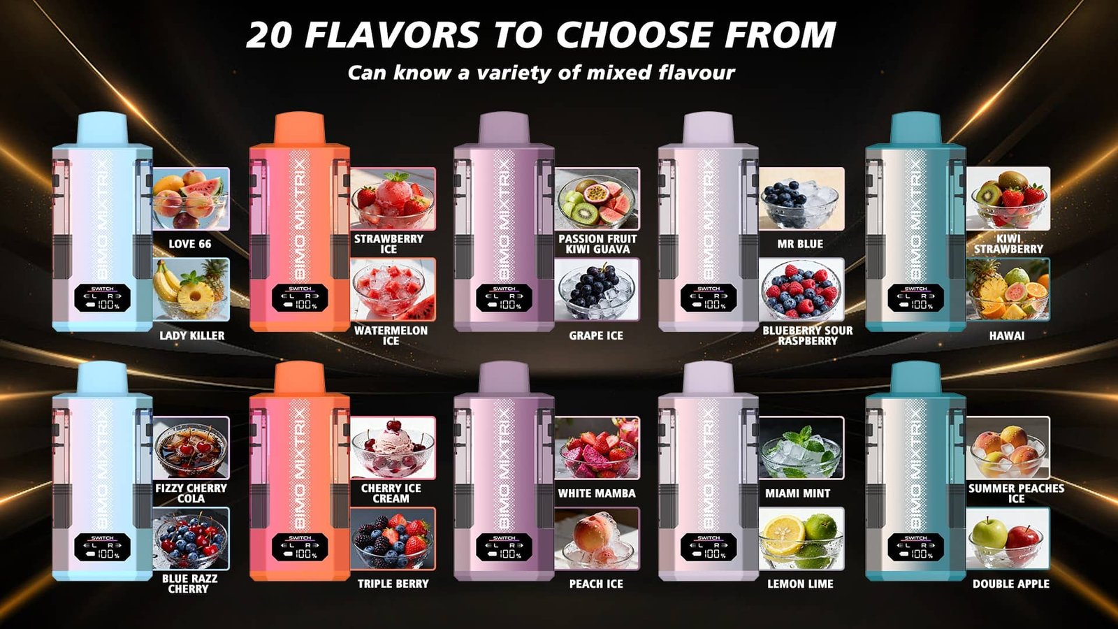 BIMO MIXTRIX 80000 Puffs disposable vape available flavors list and fruit ice combinations collection