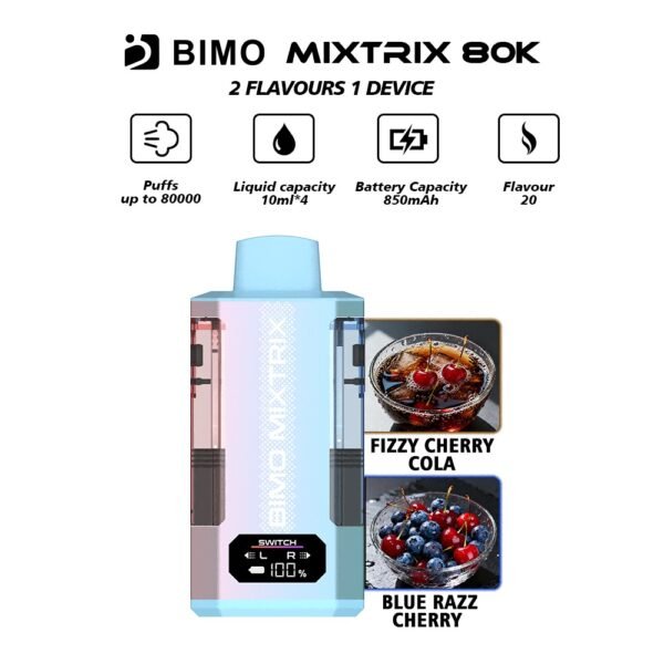 BIMO MIXTRIX 80K 80000 Puffs 2in1 Disposable Vape - Fizzy Cherry Cola & Blue Razz Cherry Flavors