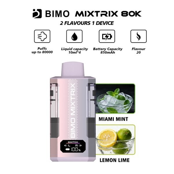 BIMO MIXTRIX 80K 80000 Puffs 2in1 Disposable Vape - Miami Mint & Lemon Lime Flavors