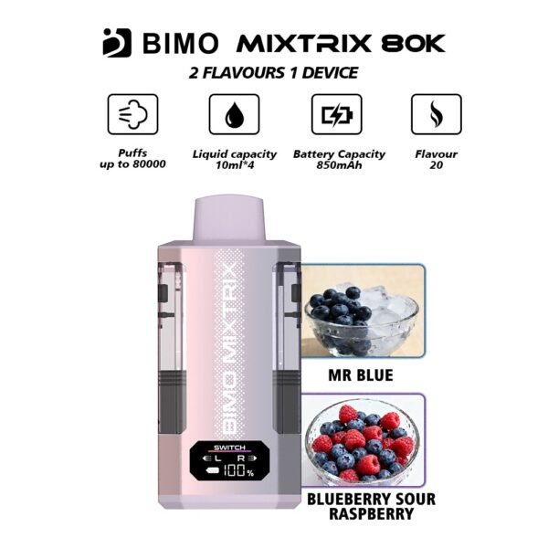 BIMO MIXTRIX 80K 80000 Puffs 2in1 Disposable Vape - Mr Blue & Blueberry Sour Raspberry Flavors