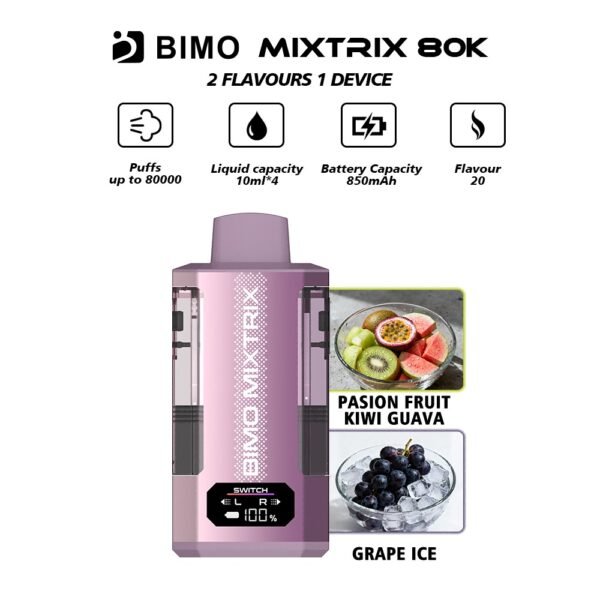 BIMO MIXTRIX 80K 80000 Puffs 2in1 Disposable Vape - Passion Fruit Kiwi Guava & Grape Ice Flavors
