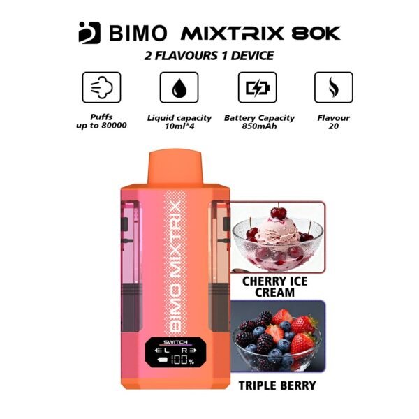 BIMO MIXTRIX 80K 80000 Puffs 2in1 Disposable Vape - Fizzy Cherry Cola & Blue Razz Cherry Flavors