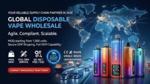 High-end B2B marketing banner for a global disposable vape wholesale supplier showcasing custom branding, stable 1,000-unit MOQ, pure cobalt battery QC, and secure DDP shipping logistics corridor
